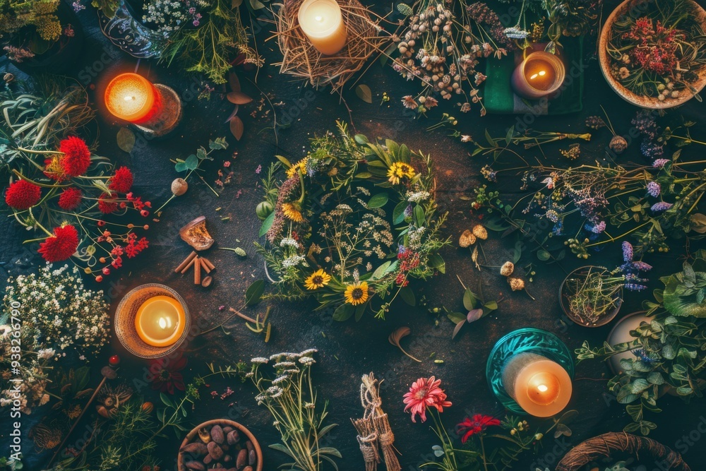 Wall mural A decorative arrangement of flowers and candles on a table