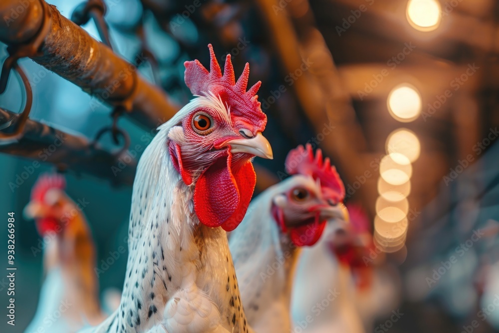 Poster a group of chickens standing next to each other, possibly in a farm or backyard setting