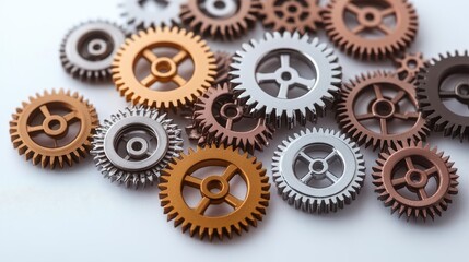 A cluster of metallic gears, perfect for steampunk or mechanical themes, metallic gears, clipart, white background