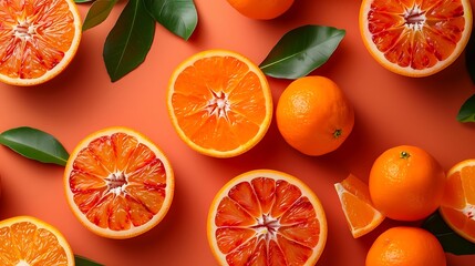Vibrant orange background with orange fruits and freshly cut slices, arranged in an attractive manner to showcase freshness and vitality