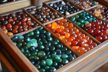 Organized Polished Stones in Wooden Compartments - art of lithotherapy