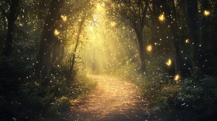 Fototapeta premium A mystical forest path bathed in soft, enchanting light with floating, magical particles creating a serene ambiance.