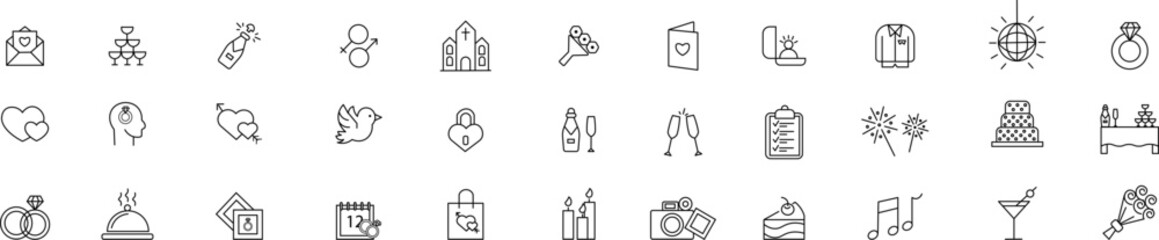 Wedding thin line icons set vector illustration.  Outline love, passion and hearts symbols of marriage.Vector illustration