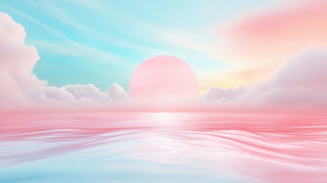 A pink and blue sky with a large sun in the middle