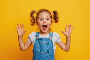 A young girl posing with a playful expression and using her hands to create a comedic effect