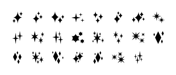 Sparkle icons set. Twinkle stars collection. Shine star icon. Effect shine, glitter, twinkling and clean. Star sparkle. Vector illustration. Hand drawn sketch doodle style. Shining flash symbols.