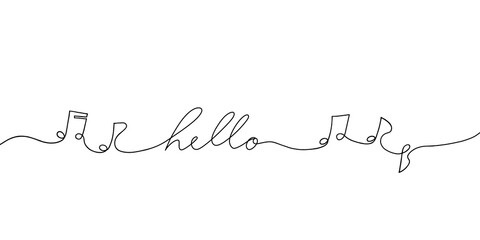 Music notes and hello word in continuous line art drawing. One line art banner for music school. New year party art isolated on white background. Musical symbol in one linear minimalist style.