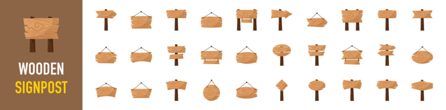 Cartoon wooden sign board art vector illustration. Textured templates of billboards, rustic announcement signs. Cartoon game arrow, board and panel. Wood circles, rectangles planks hanging by ropes.