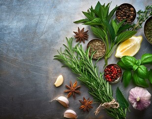 Whimsical Arrangement of Herbs and Spices on Metal Background