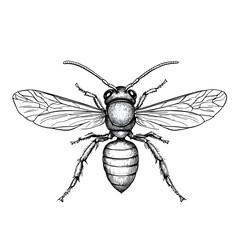 Obraz premium Black and white line drawing of a hornet, front view showing wings and stinger, high detail, no background