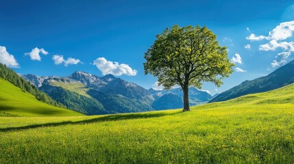 Fototapeta premium Solitary tree rises from a vibrant meadow, with surrounding mountains and a clear blue sky enhancing the view.