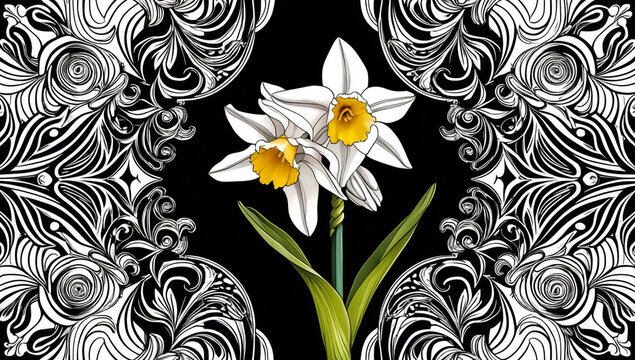 Coloring page, beautiful daffodil flower design