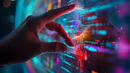 Fototapeta premium A close-up shot of a human finger and a robotic finger interacting with a transparent touch screen displaying abstract digital data. 