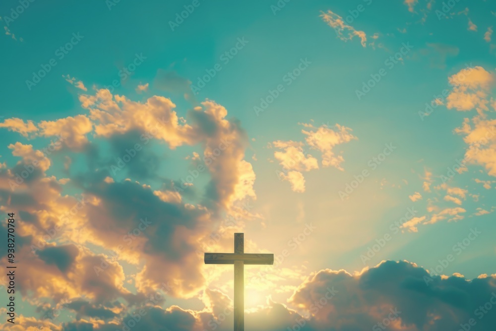 Poster a simple cross sits atop a hill, surrounded by clouds in the sky