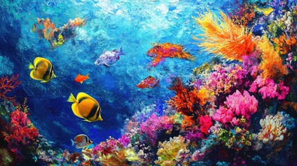 Tropical fish in a dazzling array of colors gliding through a lively coral reef.