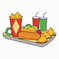 Fast Food Platter Hot Dogs, Nachos, and Soda on White Background
