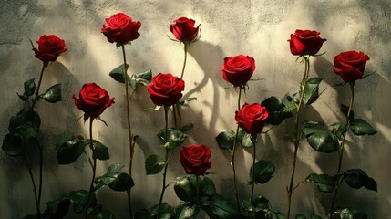 Obraz premium Twelve red roses arranged beautifully, representing romance and timeless love, highlighted by soft lighting.