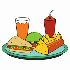 Fast Food Platter Hot Dogs, Nachos, and Soda on White Background