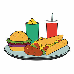 Fast Food Platter Hot Dogs, Nachos, and Soda on White Background