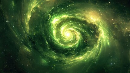 Vibrant green spiral radiates glowing light, generating a cosmic vibe full of energy and dynamic movement.