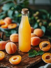 Colorful bottles of fruit juices surrounded by fresh produce on pastel background