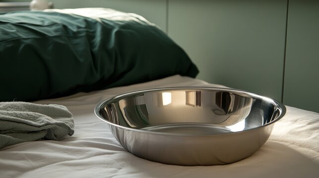 A stainless steel bedpan sitting on a hospital