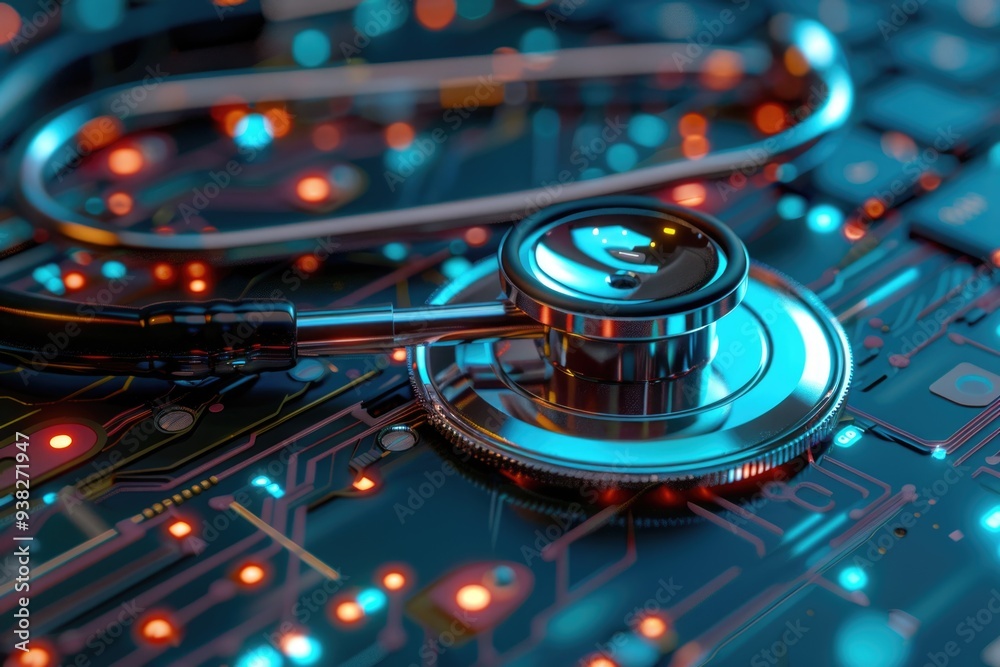 Aufkleber A stethoscope resting on a circuit board, often used in medical settings where electronics and acoustic instruments intersect