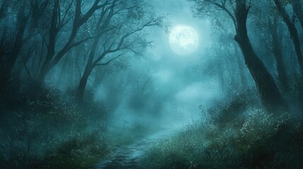 A mysterious, moonlit path through an ancient, fog-covered forest, evoking a sense of magic and wonder.