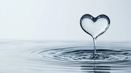 Water drop forming a heart, with ripples extending on a pure white background with copy space.