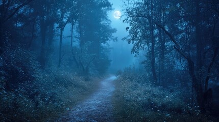 Obraz premium A mysterious, moonlit path through an ancient, fog-covered forest, evoking a sense of magic and wonder.
