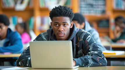 Obraz premium An African American college student working on a laptop in a classroom