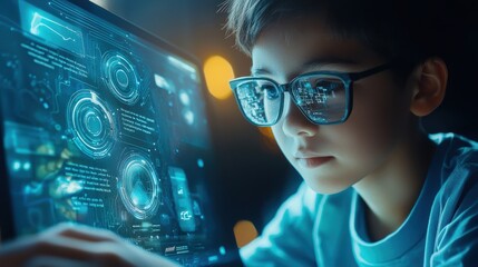 A student using an AI-powered learning platform on a tablet, featuring personalized lessons and progress tracking tailored to their learning style.