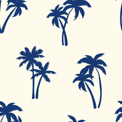 Half drop seamless repeat pattern with navy blue palm tree silhouettes on cream. Men, boys, sophisticated tropical, pool, beach, shirt print and more.