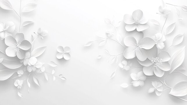 White Paper Flowers and Leaves on a White Background