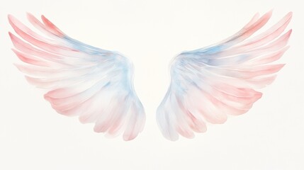 The wings of a bird are painted in pink, blue, and white