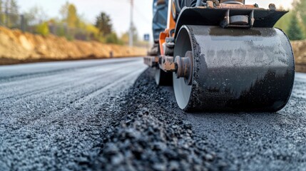 Close-up of an asphalt roller compactor smoothing new pavement on a highway
