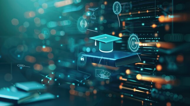 A conceptual image of adult education, with icons representing online learning, books, and graduation caps