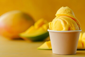 A close-up of a cup of mango ice cream with mango slices in the background.