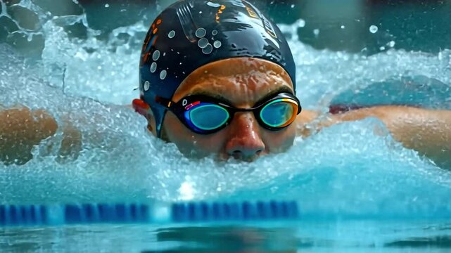 In the pool, a swimmer is swimming crawl style.