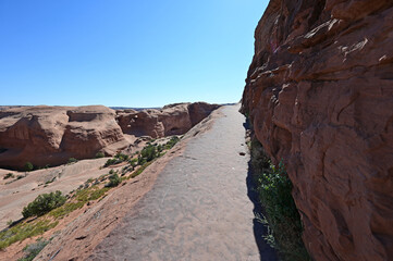 Exposed section of Delicate Arch Trail in Arches National Park, Utah in clear sunny morning light.