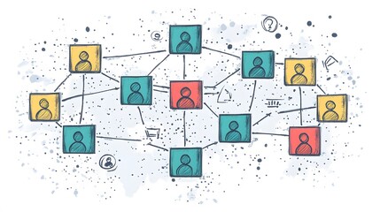 and-drawn network of interconnected people icons in various colors on a splattered ink background