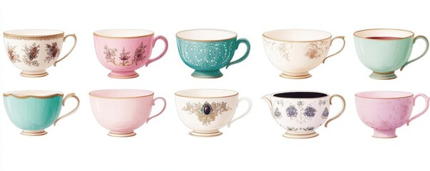 A variety of elegant teacups, great for afternoon tea or cafe themes, teacups, clipart, white background