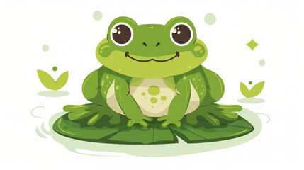 Obraz premium Smiling Cartoon Frog on Lily Pad with Leaves