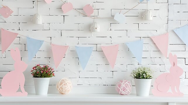 Cute bunny-shaped paper decorations on a white brick wall, with a clean area for text, perfect for a whimsical and modern design
