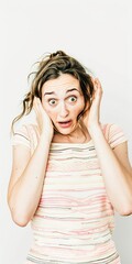 Fototapeta premium Cheerful Woman in Casual Striped Shirt with Hands on Head