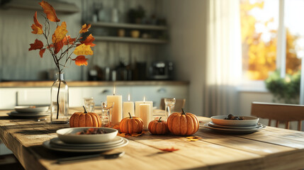 Cozy autumn table setting with pumpkins, candles, and fall leaves in a sunlit dining room