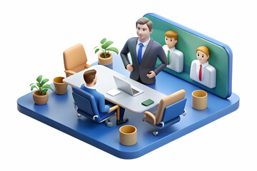 Professional executive leading virtual meeting in modern office setting with glossy visuals and high-tech interfaces to emphasize leadership and professionalism in a digital environment.