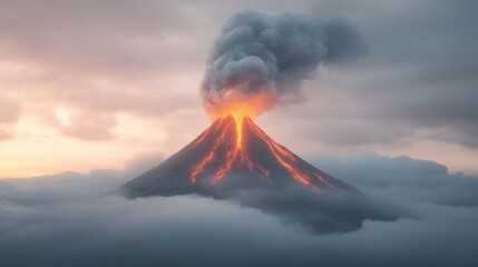 A volcano with a large cloud of smoke and ash rising from it