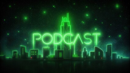 Neon Green "Podcast" Sign Above City Skyline