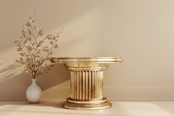 Elegant Golden Pedestal and White Vase in Minimalist Interior Design for Posters, Prints, and Home Decor